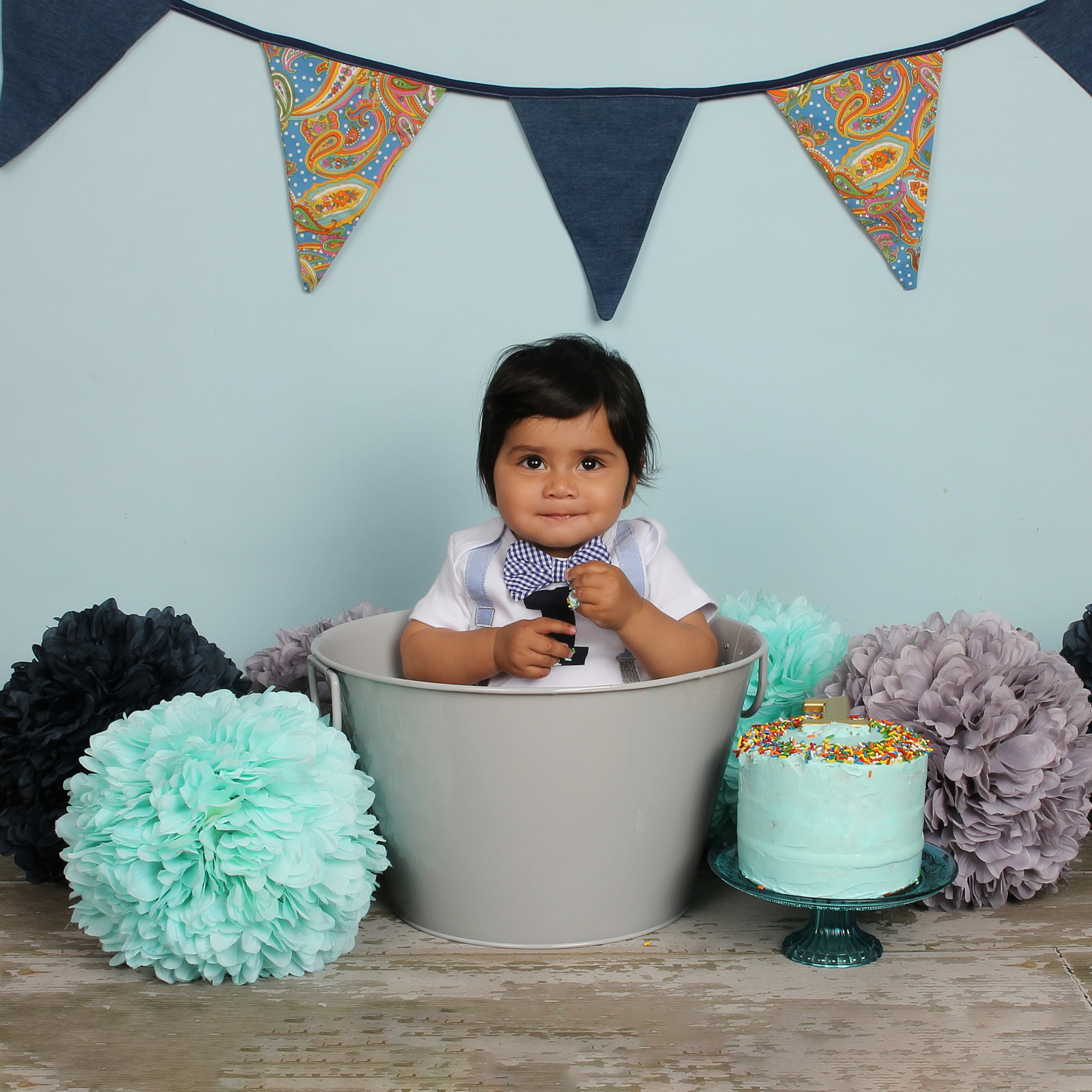 Banner w/Navy, Teal & Grey Poofs in Bucket On Blue
