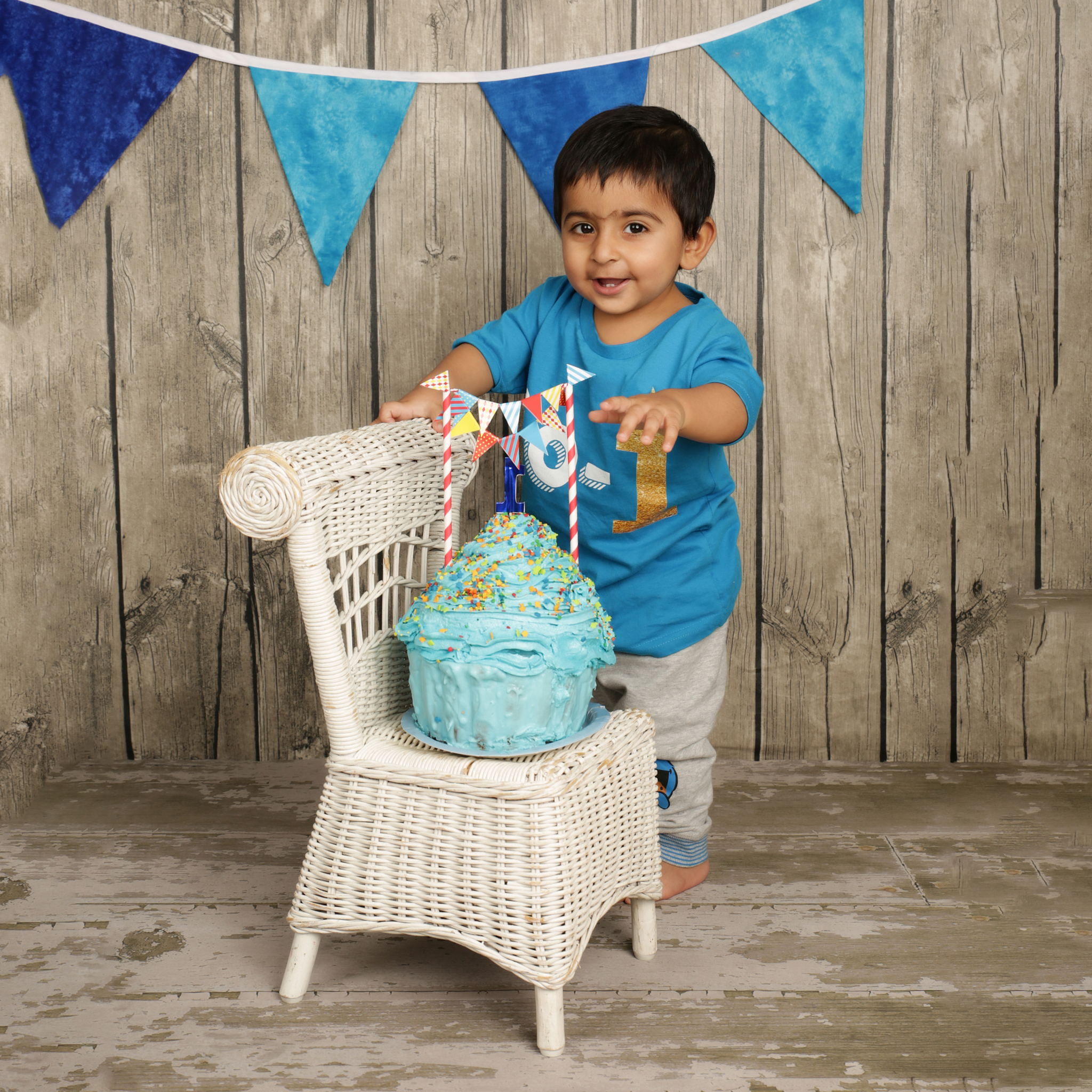 Blue Banners w/White Wicker Chair on Grey Wood (boy)