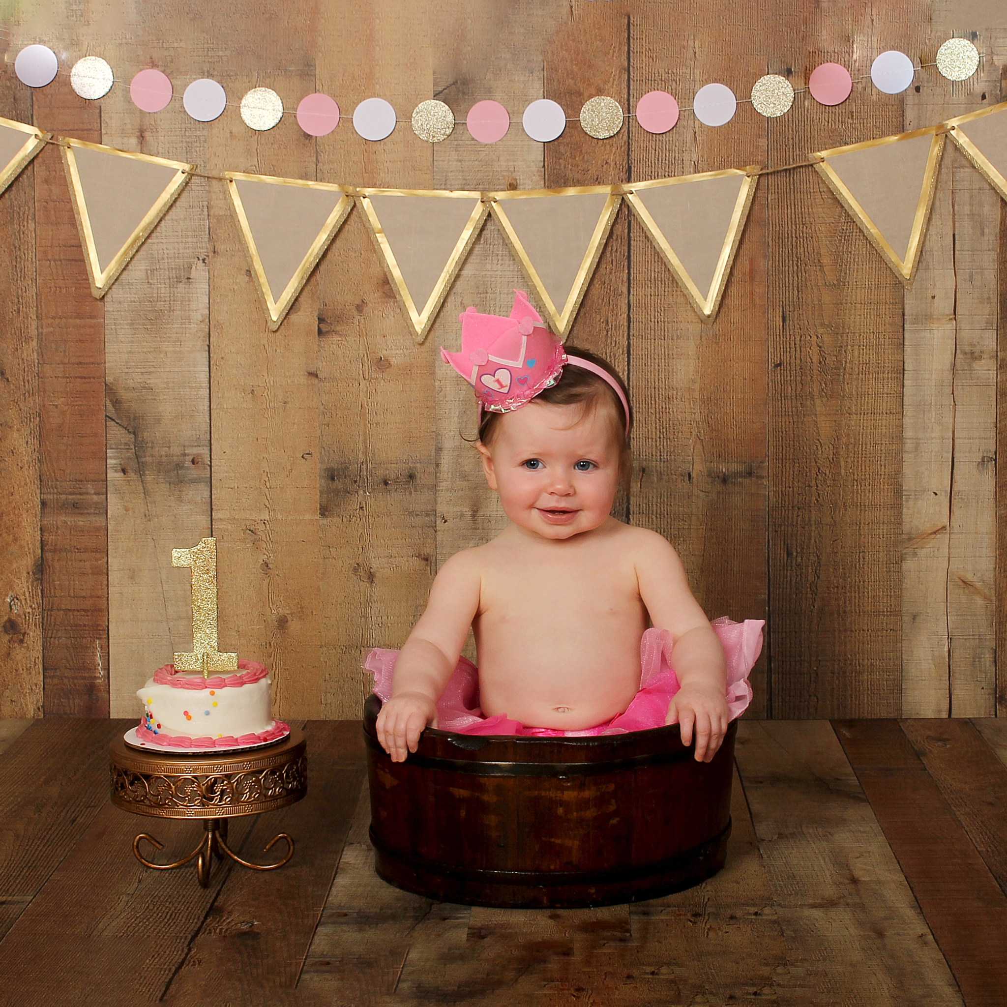 Gold & Pink Banners in Wood Bucket on Brown Wood (girl)