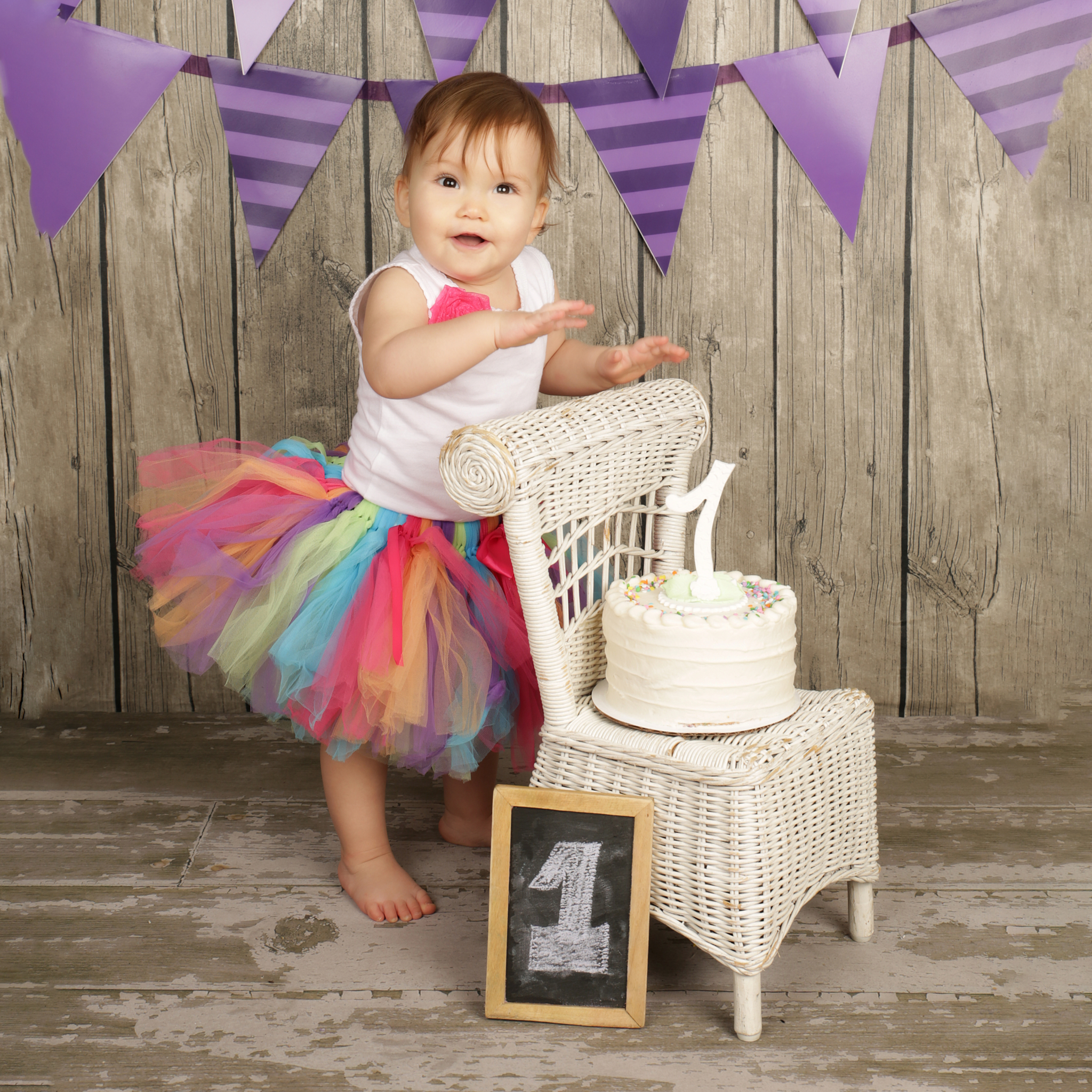 Purple Banners w/White Wicker Chair on Grey Wood (girl)