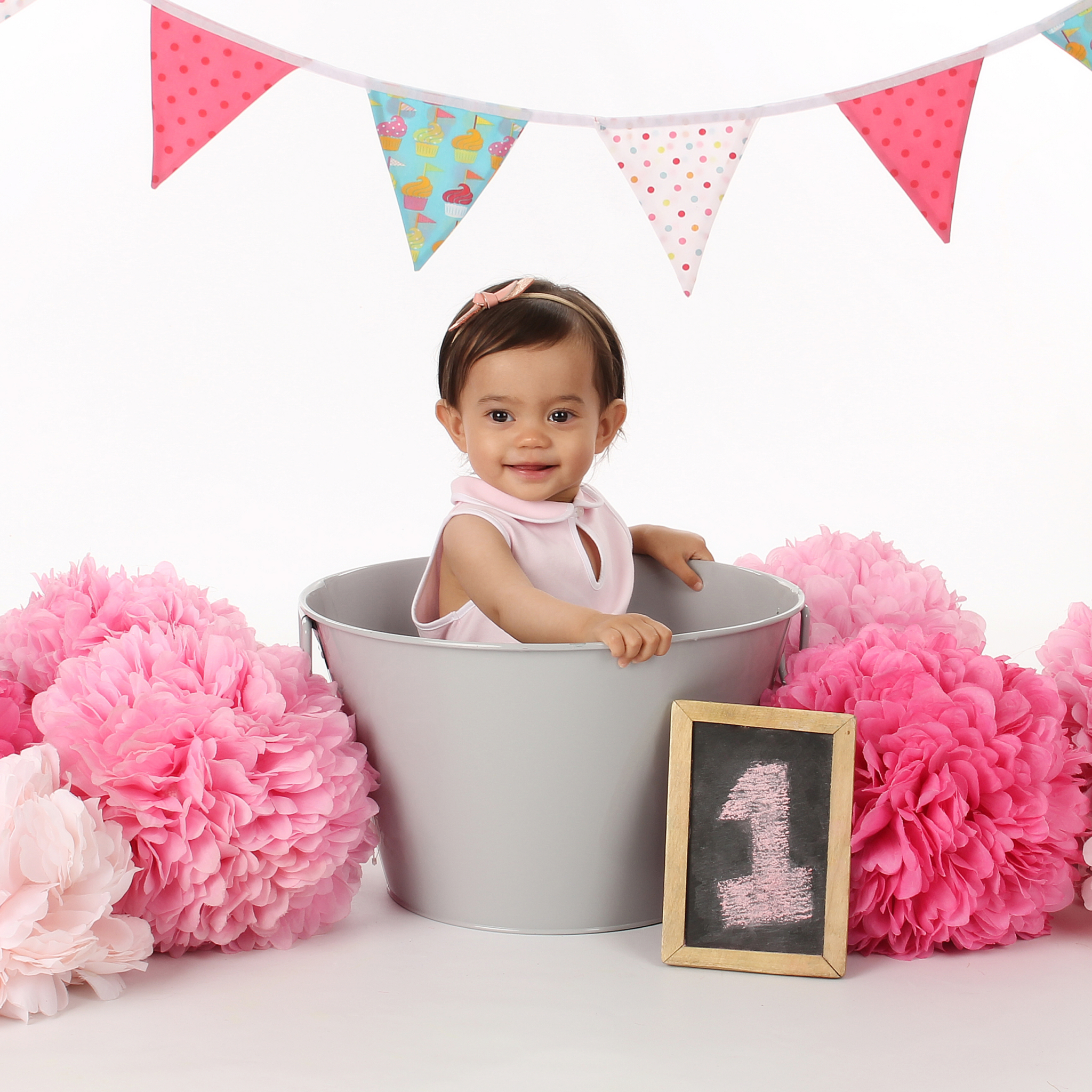 Banner w/Grey & Pink Poofs in Bucket On White