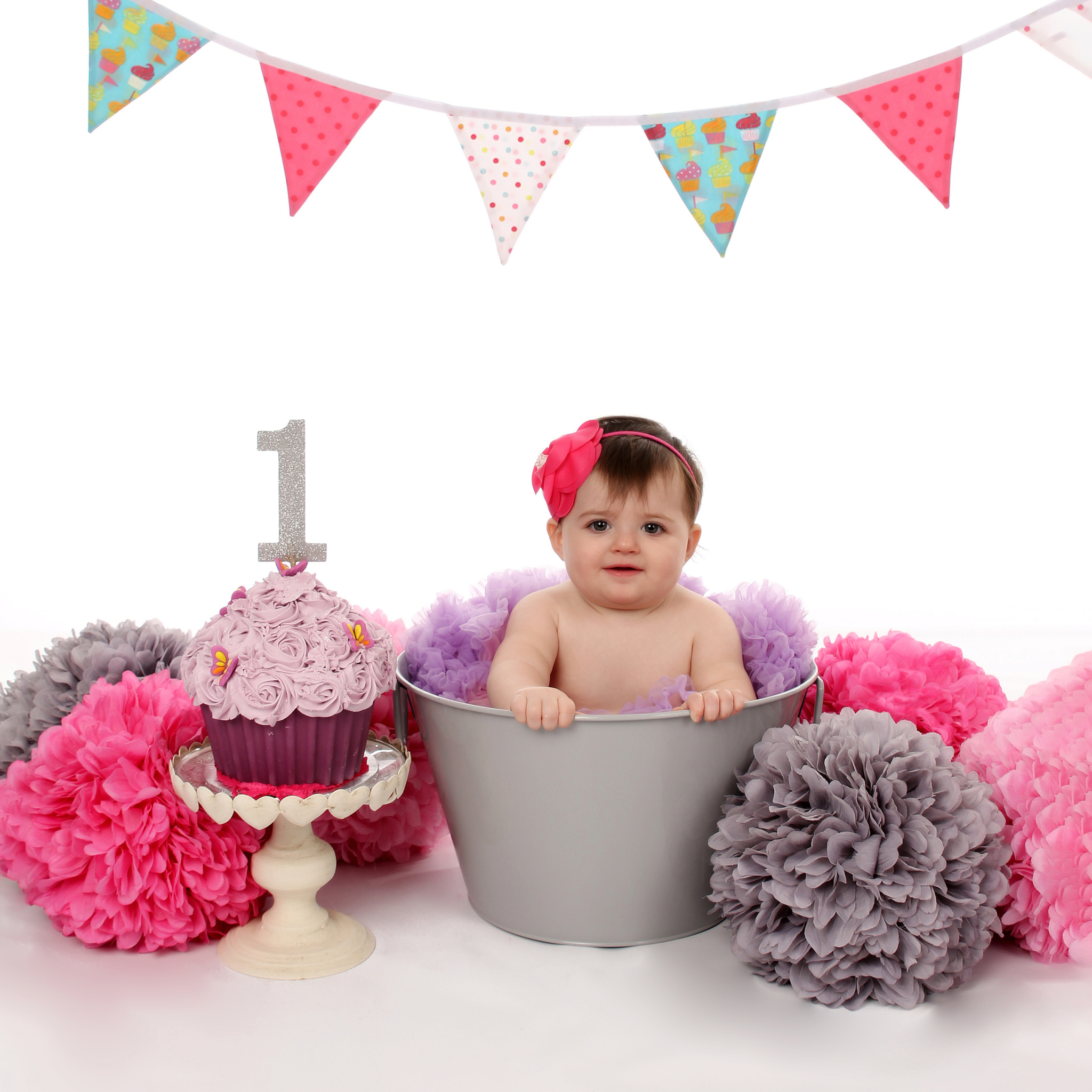Banner w/Grey, Pink, & Purple Poofs in Bucket On White