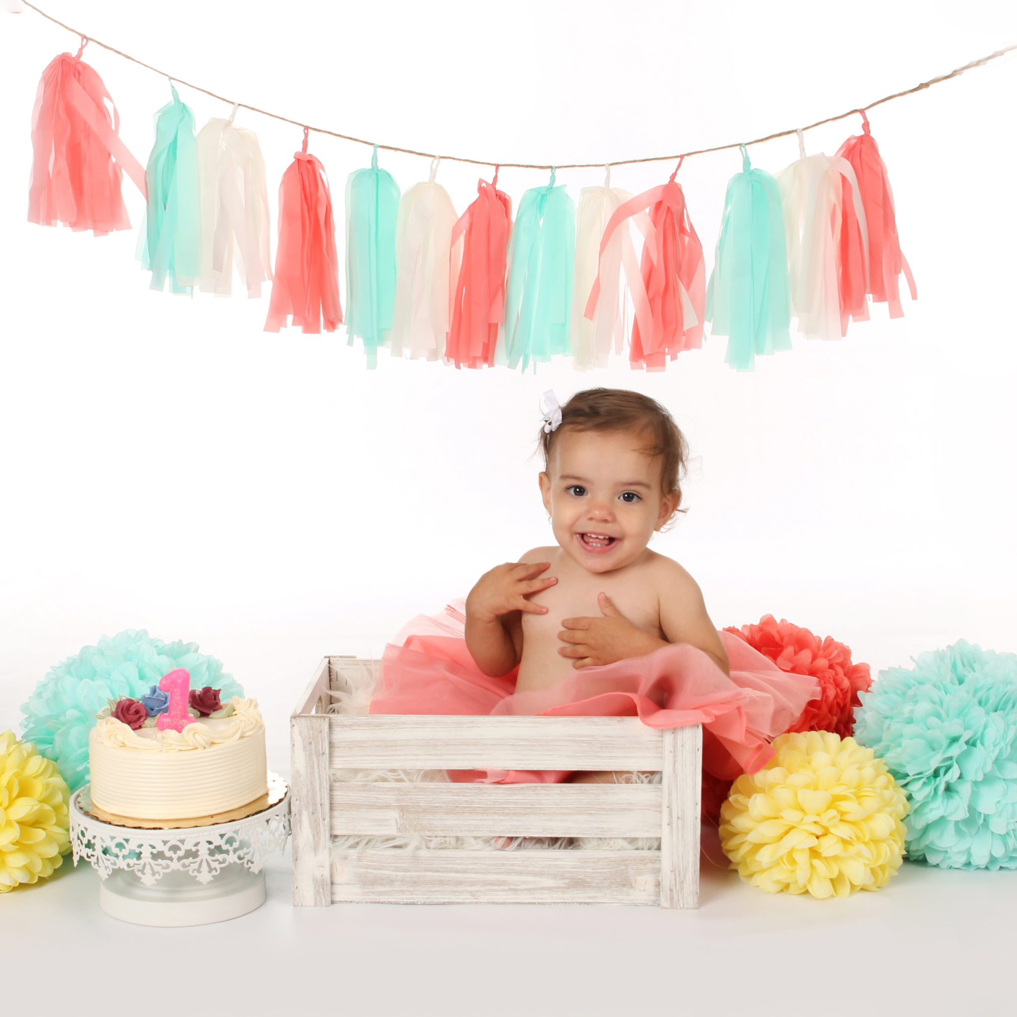 Banner w/Yellow, Mint, & Salmon Poofs in Wood Bucket On White