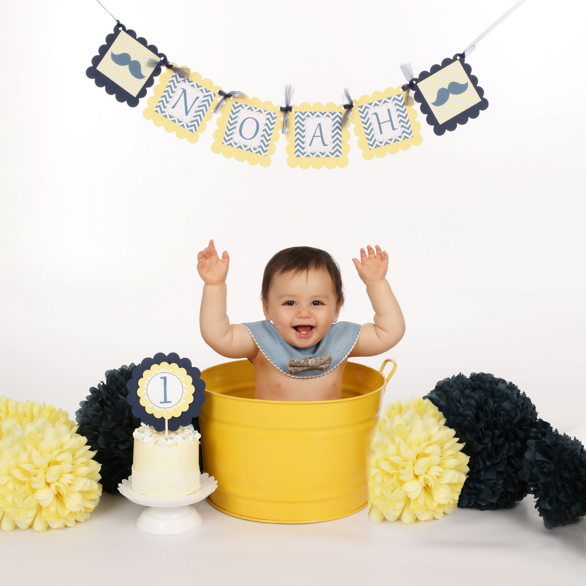Banner w/Yellow & Navy Poofs in Bucket On White