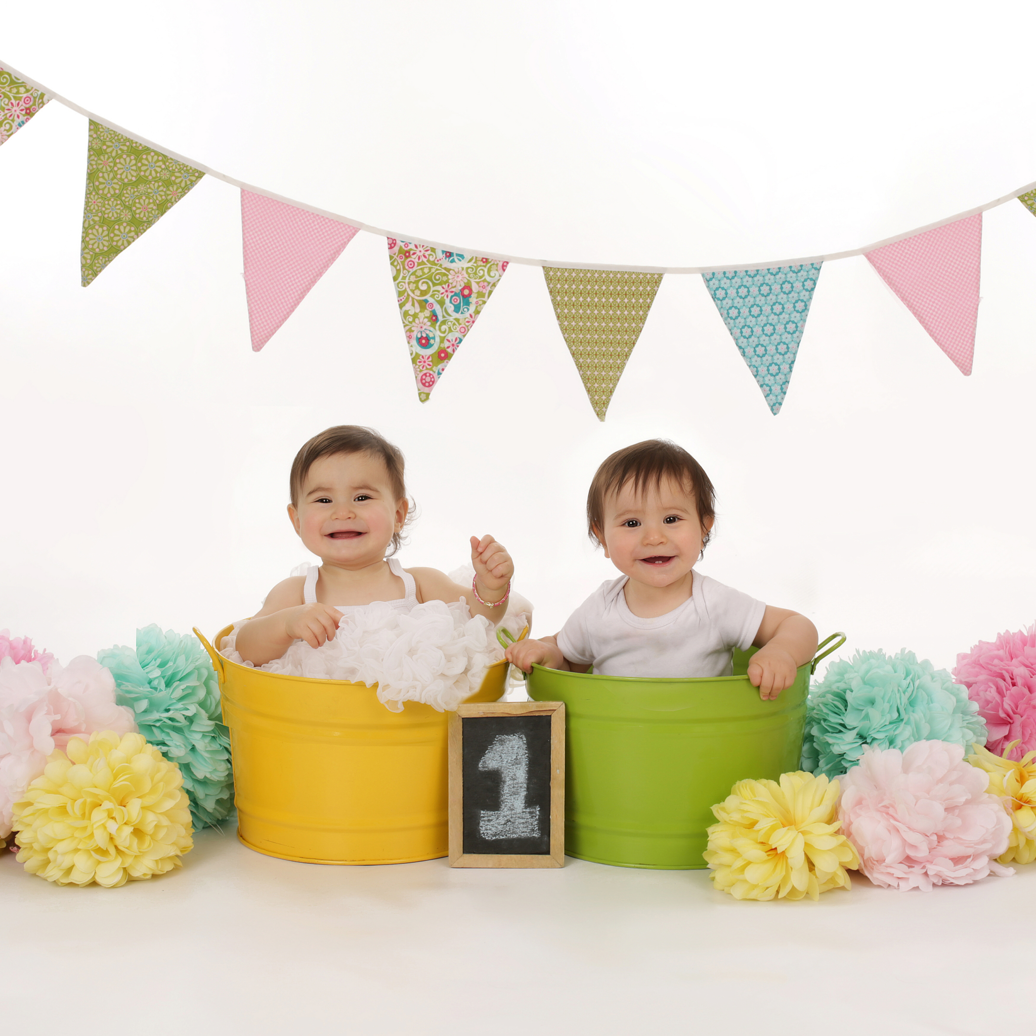 Banner w/Poofs & Yellow & Green Buckets On White